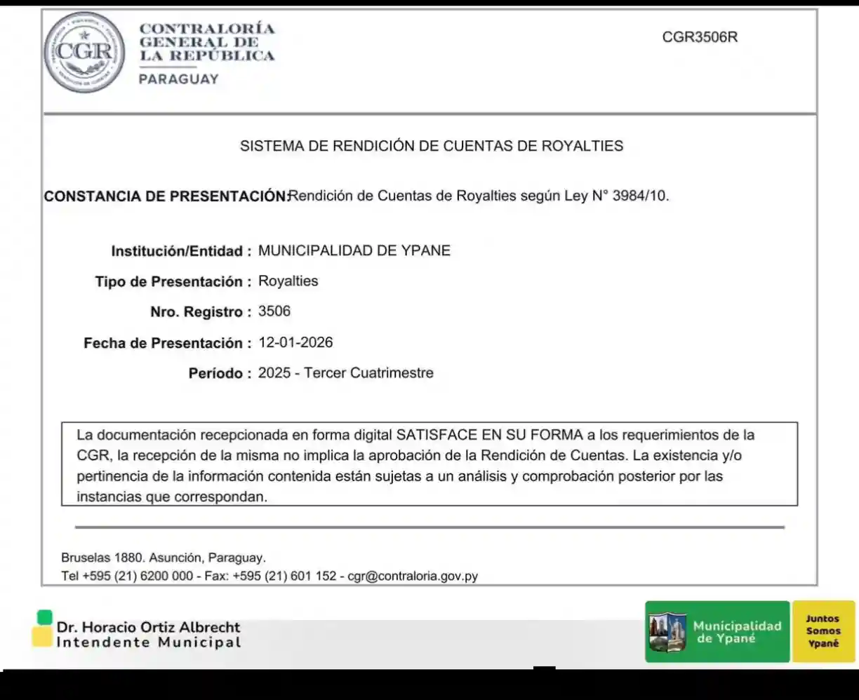 Municipalidad de Ypané presentó rendición de cuentas del Tercer Cuatrimestre del 2025 ante la Contraloría General de la República