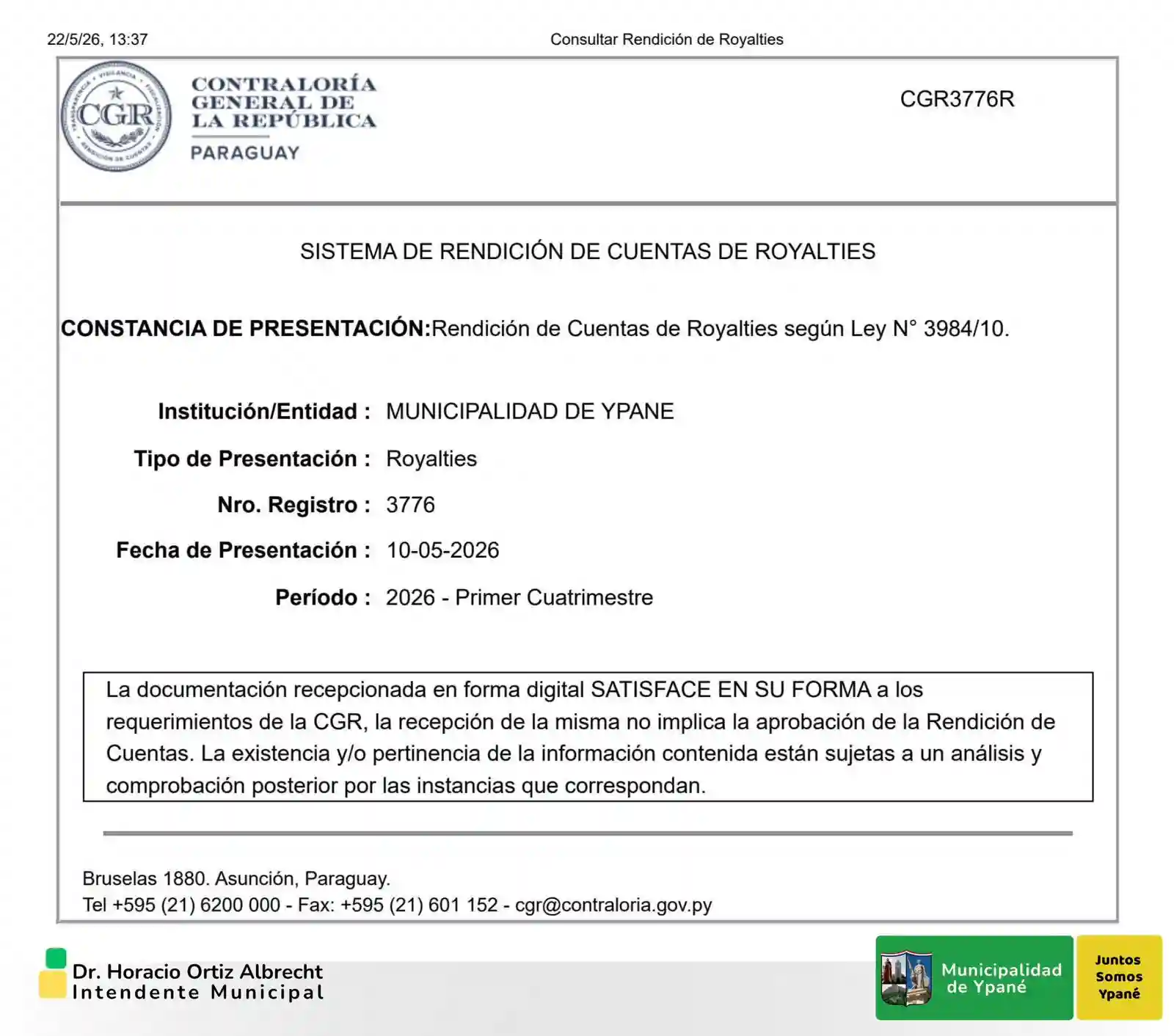 Municipalidad de Ypané cumple con rendición de cuentas del primer cuatrimestre ante la CGR
